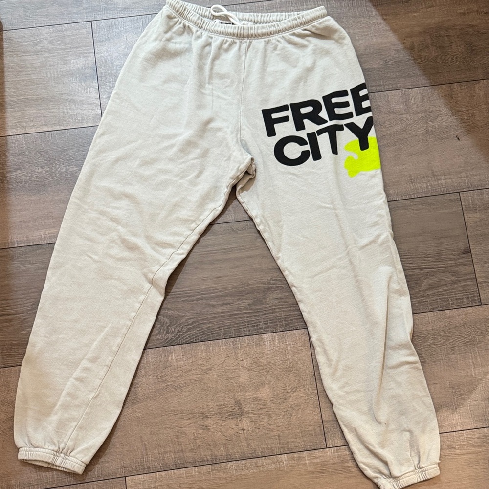 Free City Beige Sweatpants with Neon Yellow Detail